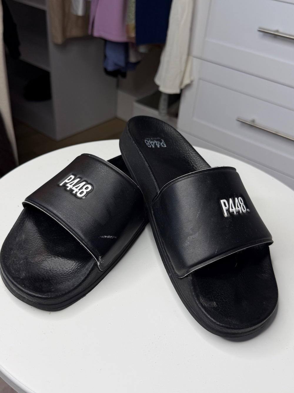 P448 Black Slide Sandals with White Logo